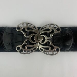 Vintage Fossil Metal Butterfly Buckle Black Elastic Fabric Belt 36.5" Large